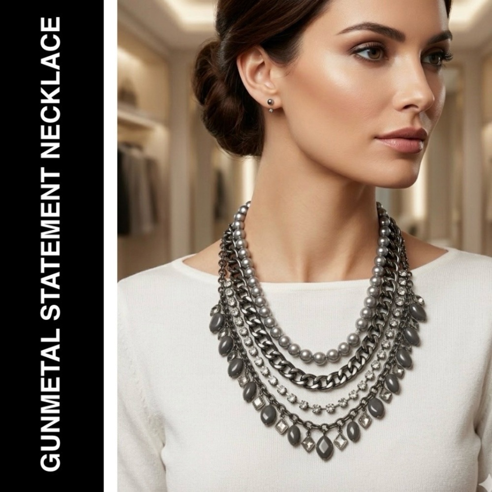 Edgy Chunky Glam Mix Media Layered Rhinestone Accents - Gunmetal & Grey Pearls - Picture 7 of 7